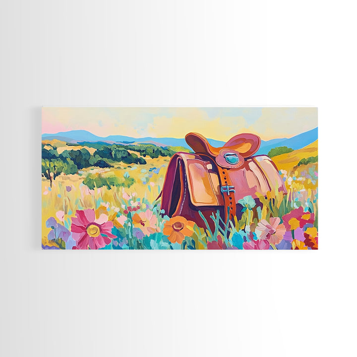 Western Saddle In Wildflower Meadow Wall Art, Cowgirl Canvas Print, Colorful Landscape Art, Rustic Ranch Home Decor Gift