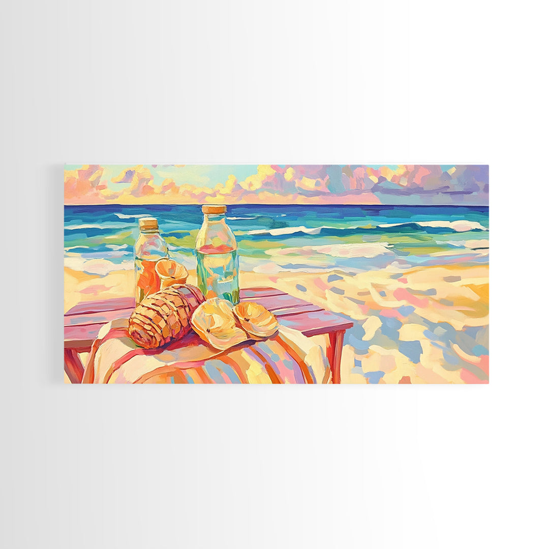 Beach Picnic With Croissants And Bottles Canvas Print, Coastal Wall Art, Ocean Seascape Art, Summer Kitchen Decor Gift For Her