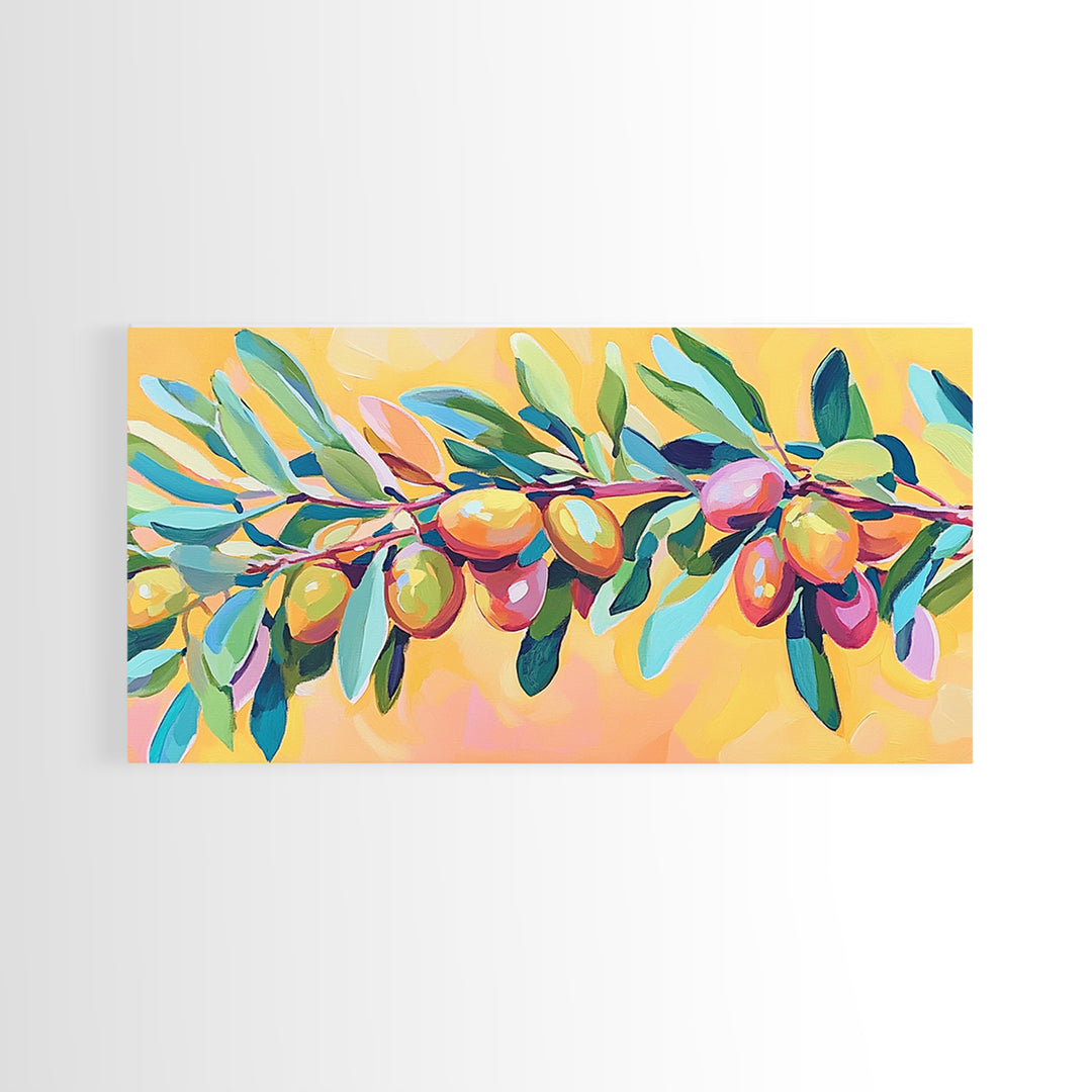 Olive Branch With Green Leaves And Golden Fruit Wall Art, Mediterranean Canvas Print, Botanical Kitchen Decor Gift For Her