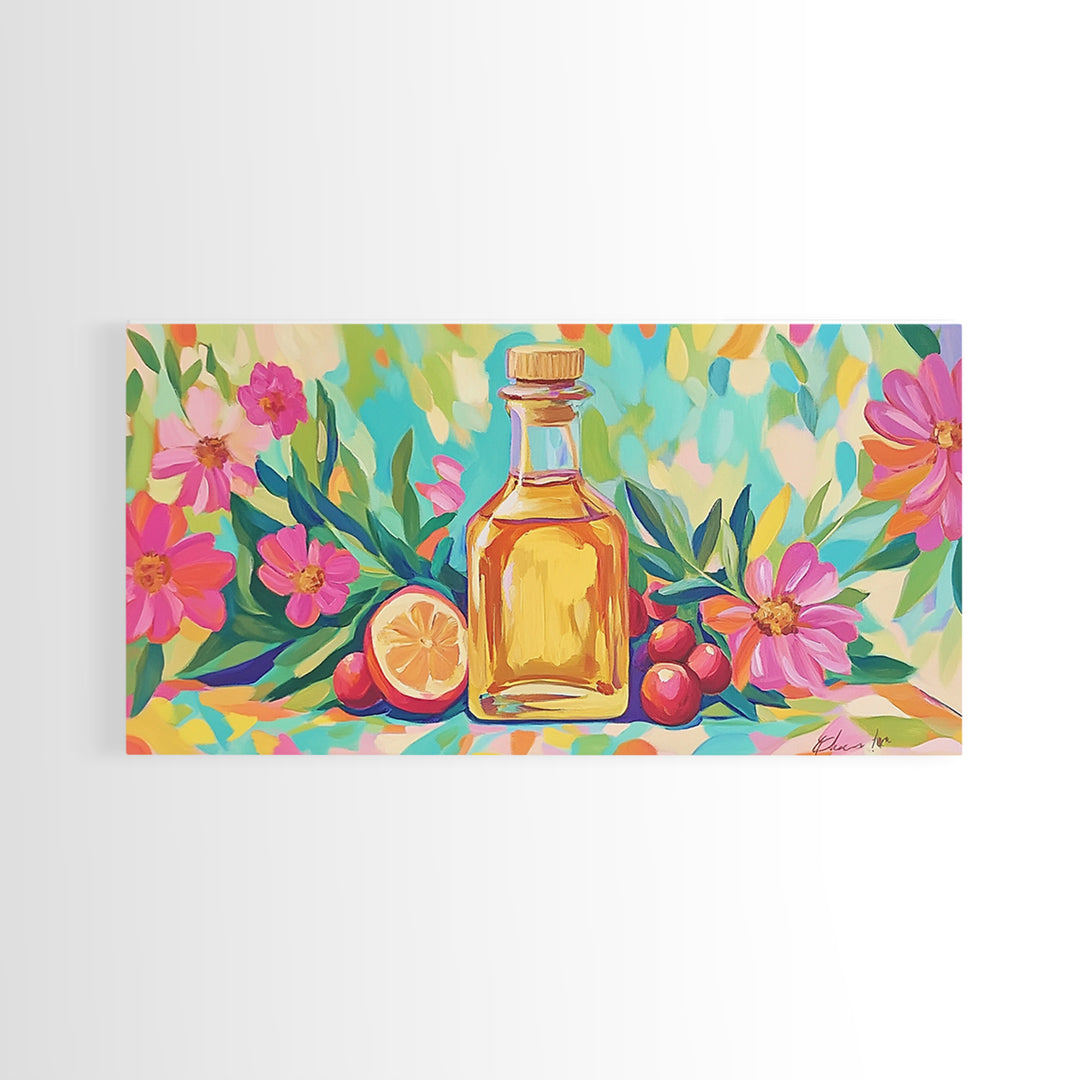 Olive Oil Bottle With Lemon And Pink Flowers Canvas Print, Mediterranean Wall Art, Botanical Kitchen Home Decor Gift For Her