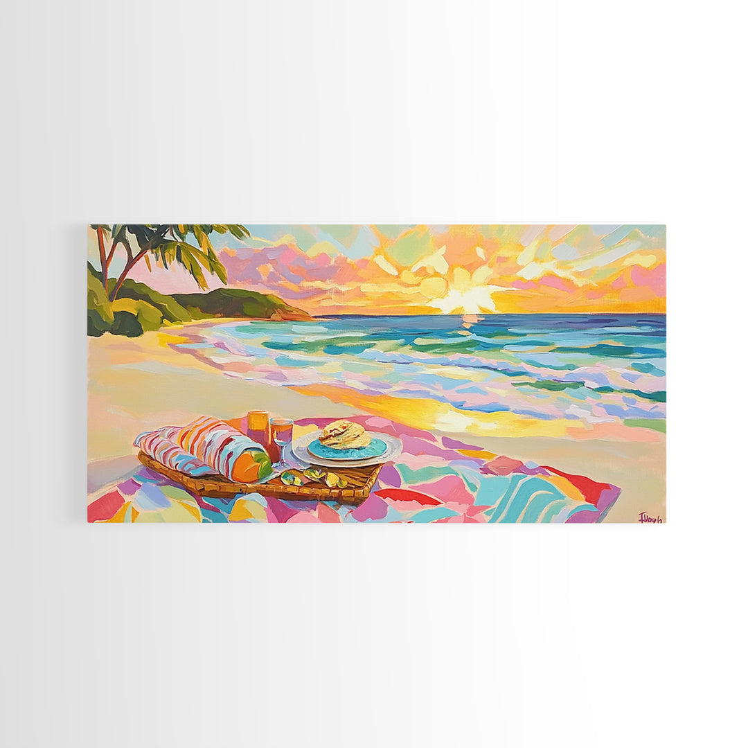 Tropical Beach Picnic At Sunset Canvas Print, Coastal Wall Art, Ocean Decor, Beach House Decor, Summer Wall Art, Gift For Her