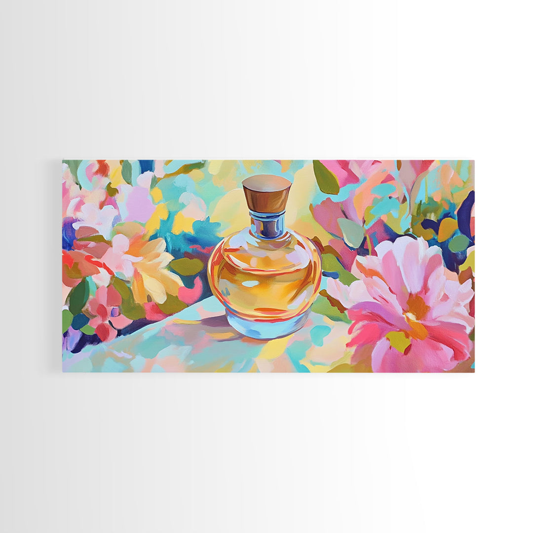 Elegant Perfume Bottle With Pink Daisy Canvas Print, Feminine Wall Art, Floral Wall Decor, Gift For Her, Romantic Decor Print