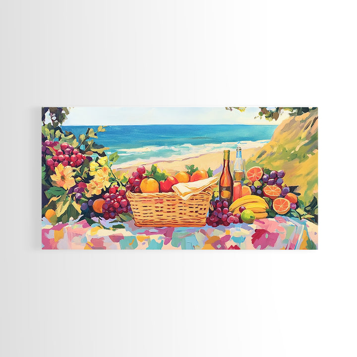 Seaside Picnic Basket Framed Canvas Print, Coastal Wall Art, Fruit And Wine Still Life, Beach House Kitchen Decor Gift For Her