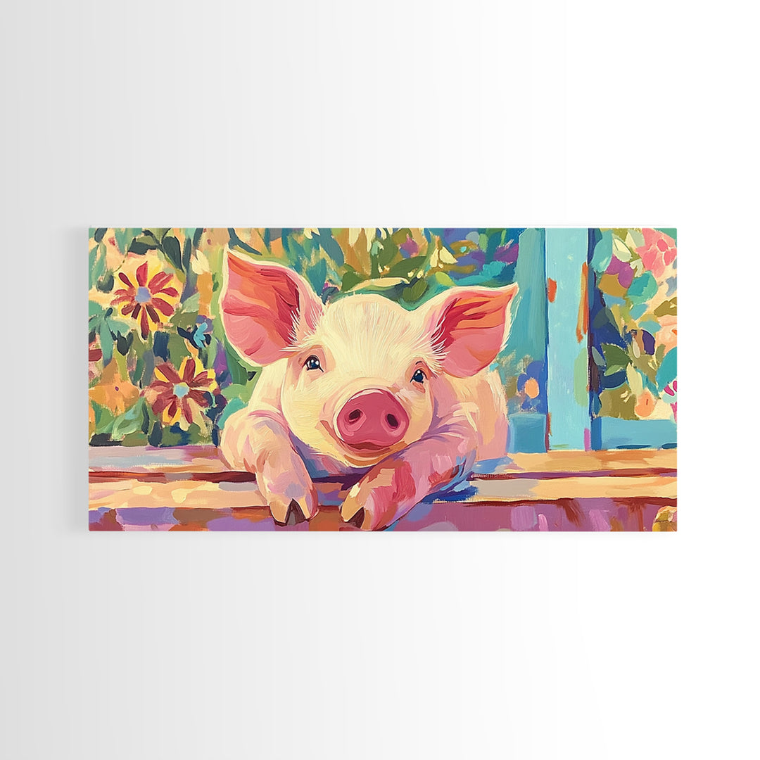 Piglet At Garden Fence Framed Canvas Print, Cute Farm Animal Wall Art, Floral Farmhouse Home And Nursery Decor, Gift For Her