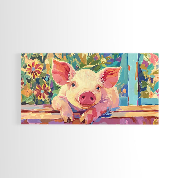 Piglet At Garden Fence Framed Canvas Print, Cute Farm Animal Wall Art, Floral Farmhouse Home And Nursery Decor, Gift For Her