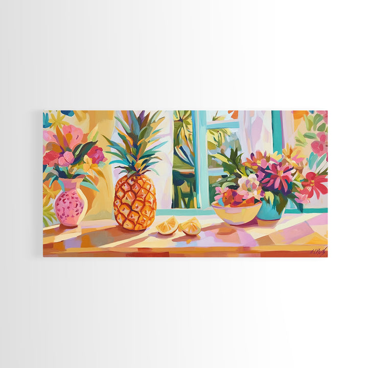 Pineapple And Tropical Flowers Canvas Print, Colorful Kitchen Wall Art, Summer Fruit Still Life, Coastal Home Decor Gift