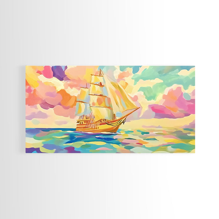 Pastel Sailboat On Turquoise Sea Canvas Print, Coastal Wall Art, Nautical Decor, Ocean Landscape, Beach House Gift For Living Room