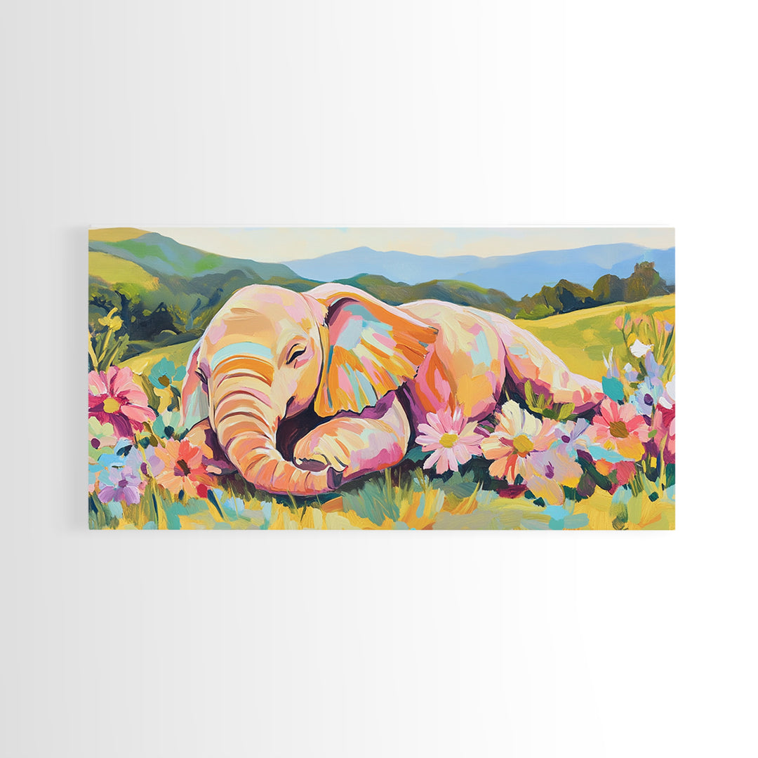 Sleeping Baby Elephant In Flower Meadow Framed Canvas Print, Safari Nursery Wall Art, Whimsical Animal Art, Kids Room Decor