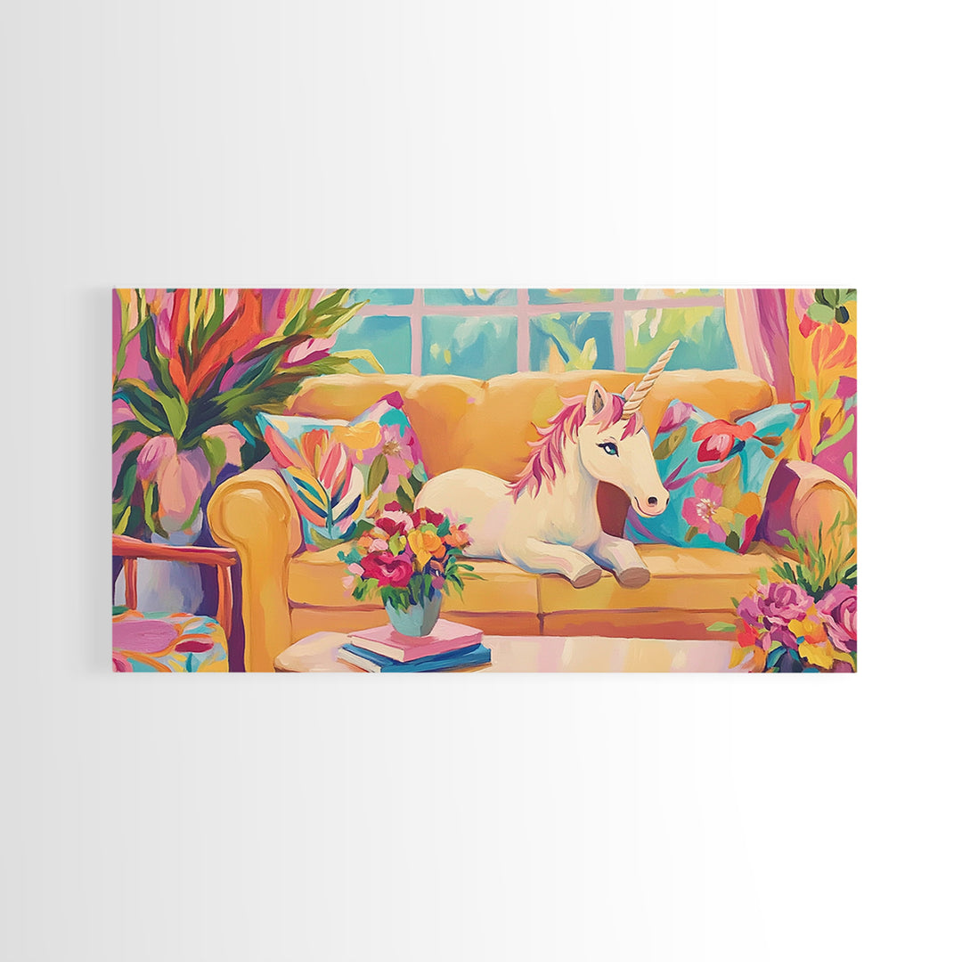 White Unicorn Lounging On Yellow Sofa Wall Art, Whimsical Nursery Art Print, Girls Room Decor, Fantasy Home Decor, Unique Gift