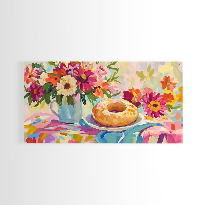 Glazed Donut And Garden Flowers Canvas Print, Bakery Wall Art, Cheerful Kitchen Decor, Colorful Breakfast Nook Art, Housewarming Gift