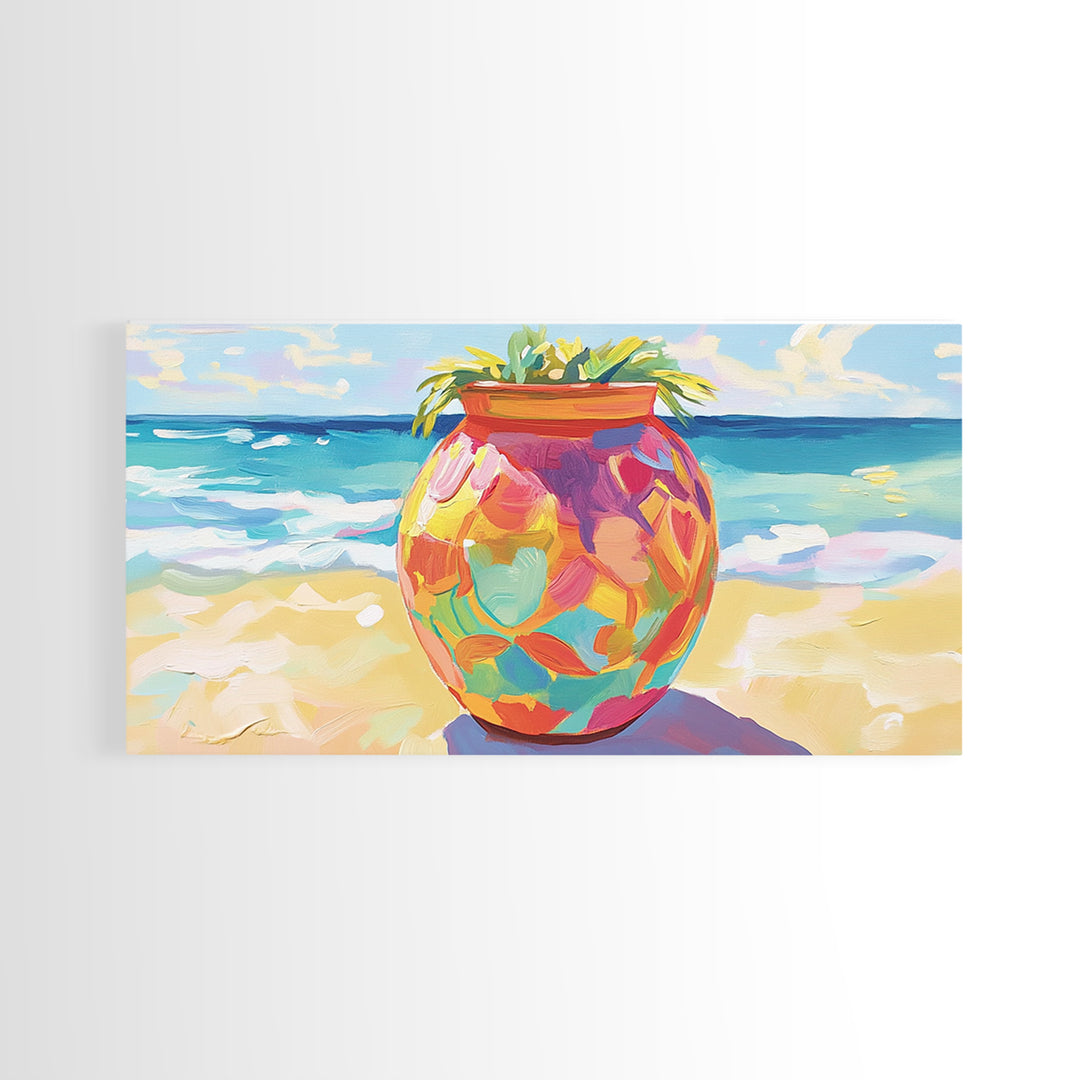 Painted Beach Planter With Ocean View Canvas Print, Coastal Wall Art, Tropical Beach House Decor, Colorful Summer Art Gift