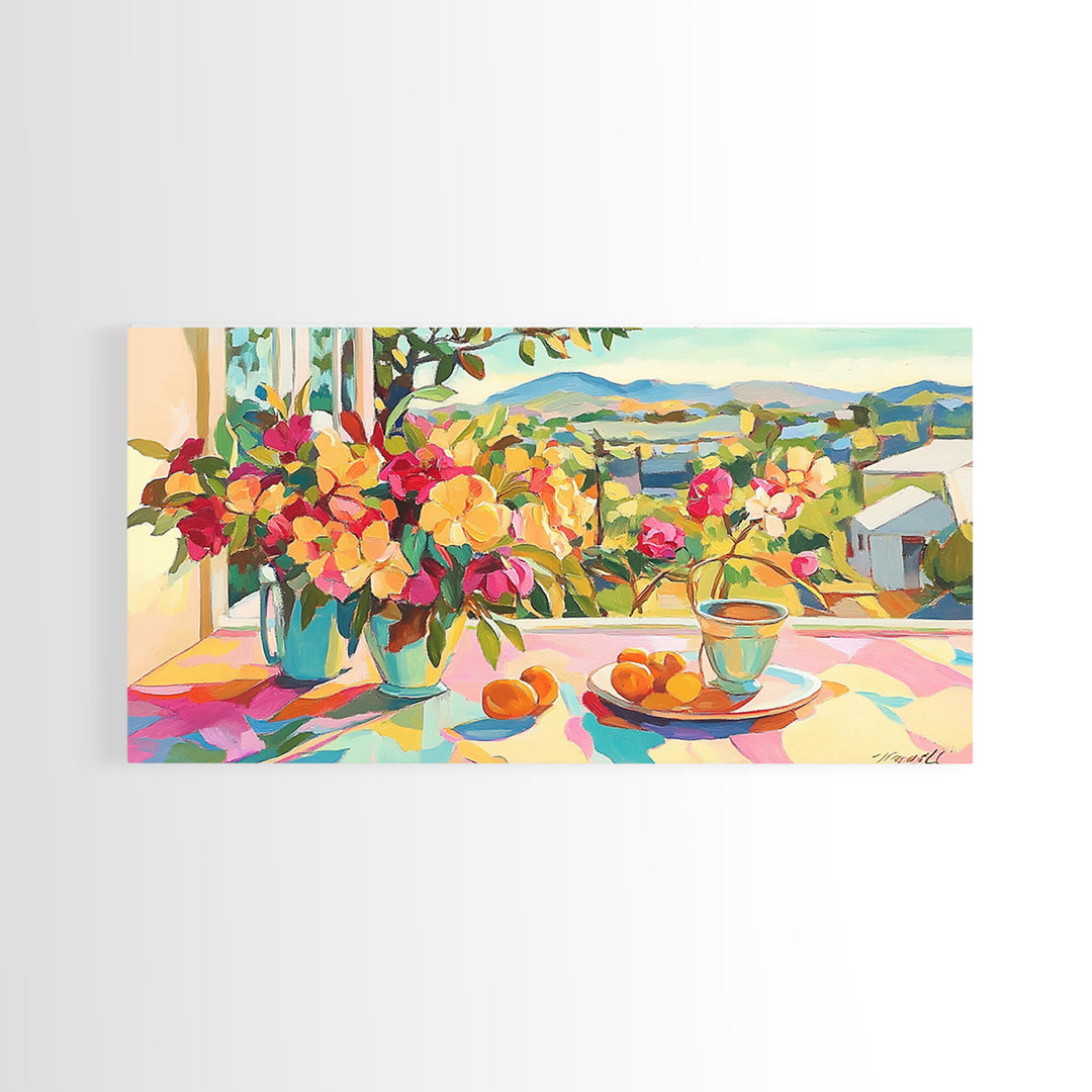 Sunny Terrace Flowers And Citrus Canvas Print, Mediterranean Wall Art, Italian Countryside Decor, Colorful Dining Room Print