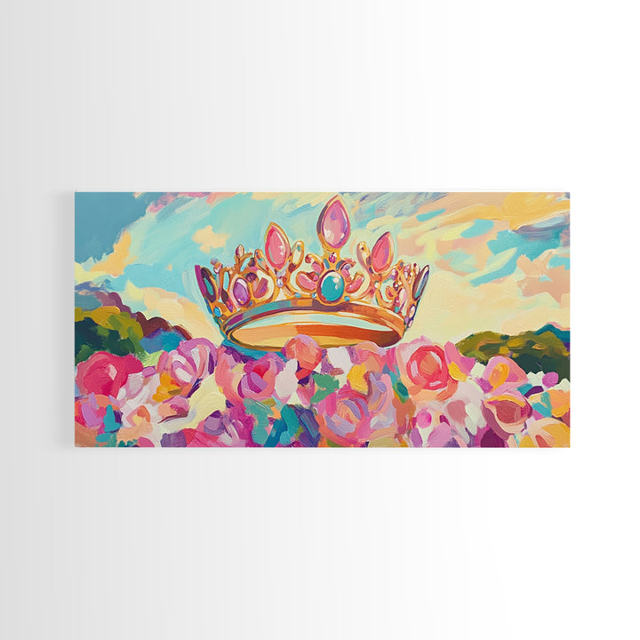 Jeweled Crown Over Pink Roses Canvas Print, Magical Princess Wall Art, Fairytale Nursery Decor, Whimsical Girls Room Gift