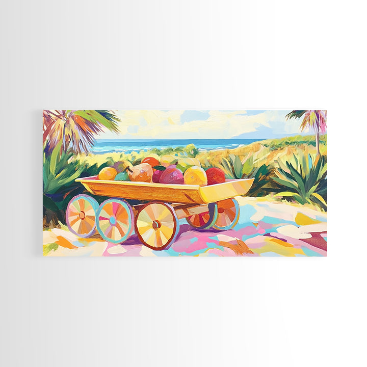 Tropical Fruit Cart By The Sea Canvas Print, Coastal Wall Art, Tropical Beach House Decor, Colorful Summer Kitchen Art Gift
