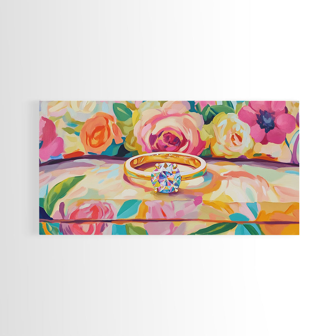 Diamond Engagement Ring With Roses Framed Canvas Print, Romantic Wall Art, Floral Wall Decor, Anniversary Wedding Gift For Her