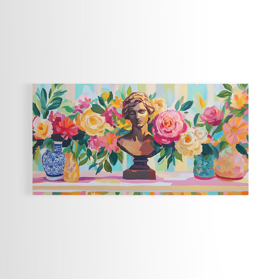 Classical Bust With Roses Framed Canvas Print, Floral Wall Art, Romantic Garden Decor, Feminine Living Room Art Gift For Her