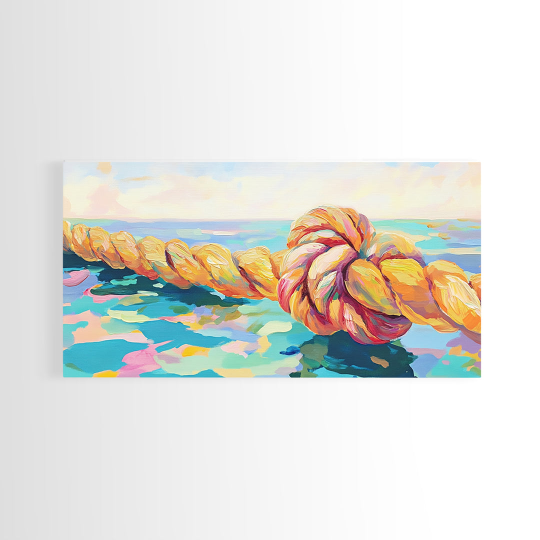Nautical Rope Knot By Blue Sea Canvas Print, Coastal Wall Art, Ocean Beach House Decor, Lake House Living Room Decor Gift