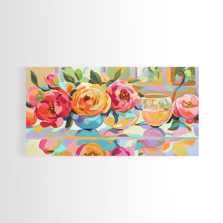 Pink Roses And White Wine Framed Canvas Print, Floral Still Life Wall Art, Romantic Kitchen Decor Gift For Her Dining Room Art