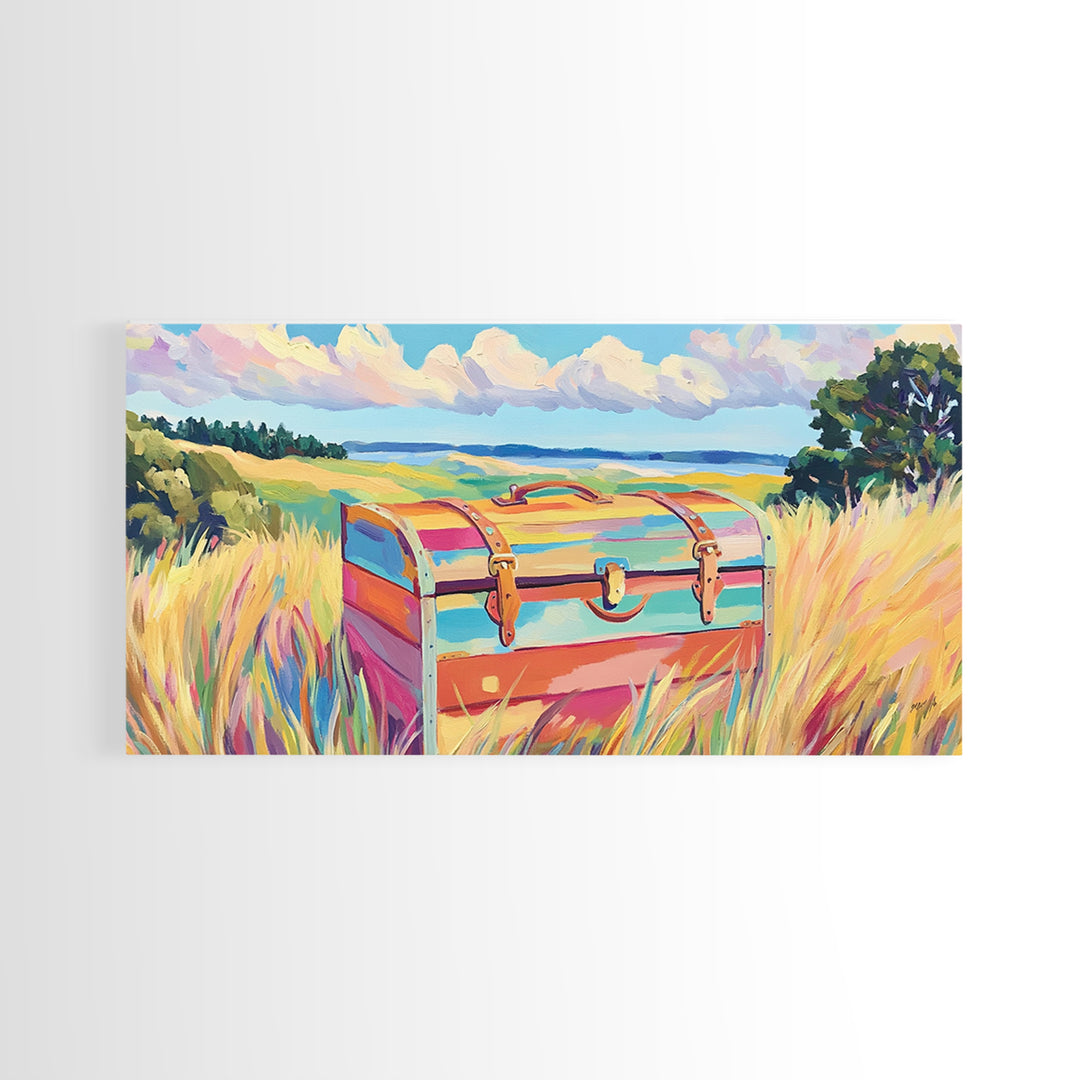 Striped Treasure Chest In Coastal Meadow Framed Canvas Print, Beach House Decor, Colorful Landscape Wall Art, Housewarming Gift