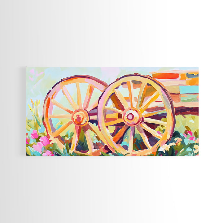 Rustic Wagon Wheels In Flower Garden Framed Canvas Print, Farmhouse Wall Art, Western Decor, Country Landscape Gift For Home
