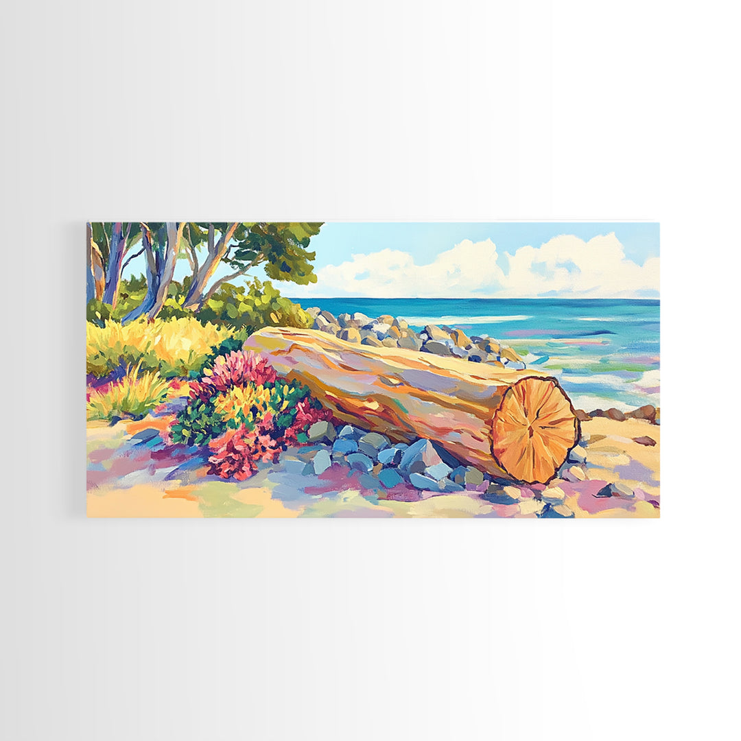 Sunlit Driftwood Beach And Turquoise Ocean Canvas Print, Coastal Wall Art, Seascape Painting, Beach House Decor Gift For Her