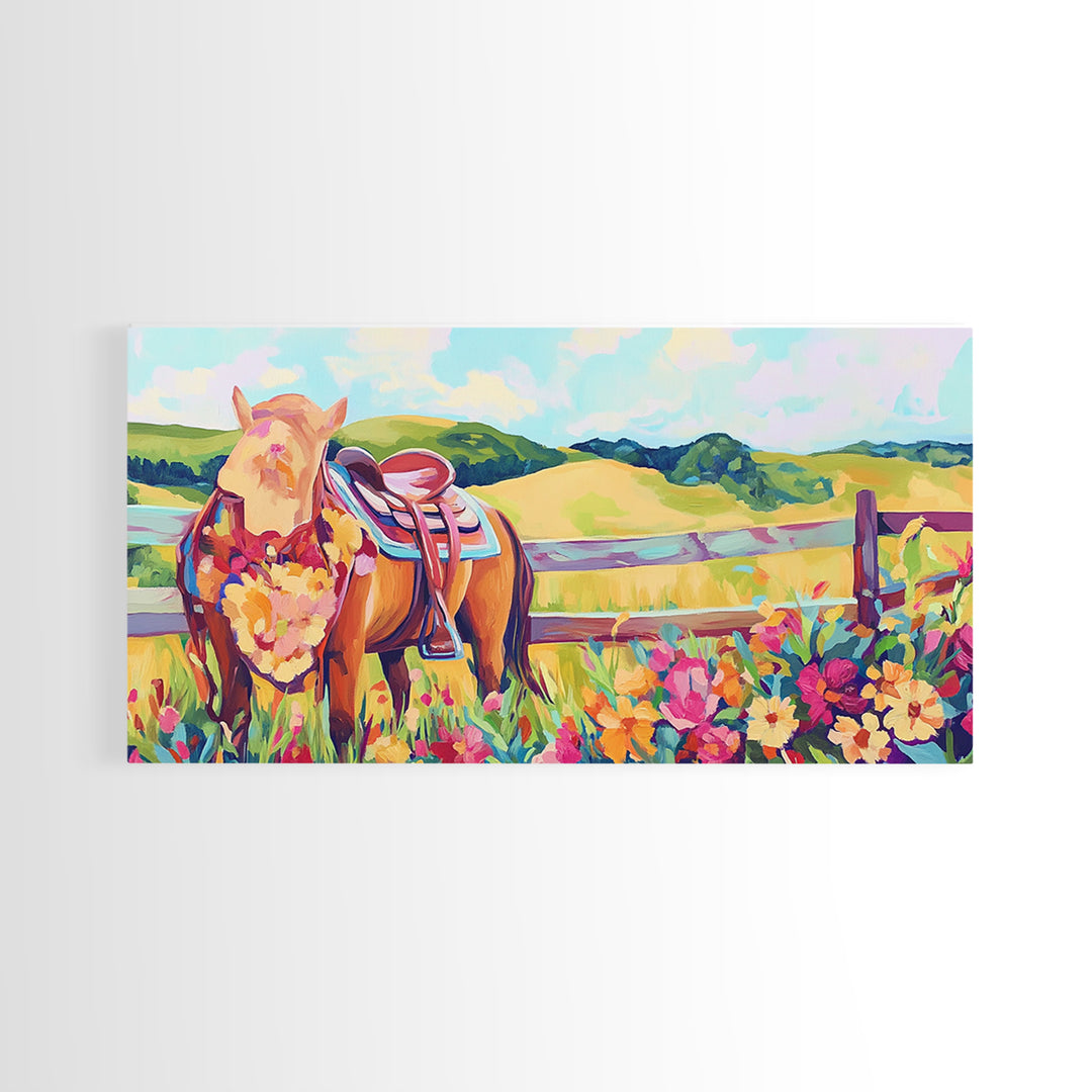 Pasture Horse With Saddle And Wildflowers Framed Canvas Print, Western Wall Art, Country Farmhouse Decor, Horse Lover Gift