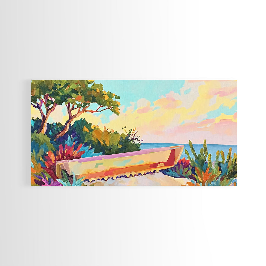 Pastel Garden Bench Overlooking Calm Sea Canvas Print, Coastal Wall Art, Mediterranean Decor, Serene Landscape For Living Room