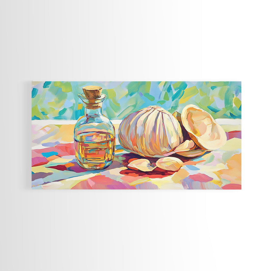 Garlic Bulb With Glass Oil Bottle And Shell Canvas Print, Kitchen Wall Art, Coastal Food Still Life Decor, Housewarming Gift