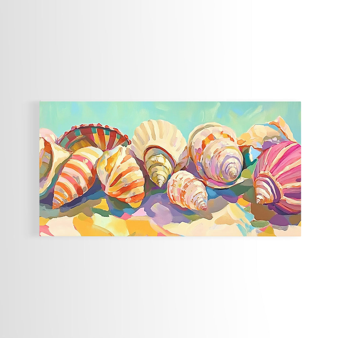 Rainbow Seashell Collection Beach Still Life Canvas Print, Coastal Wall Art, Nautical Home Decor, Colorful Beach House Gift