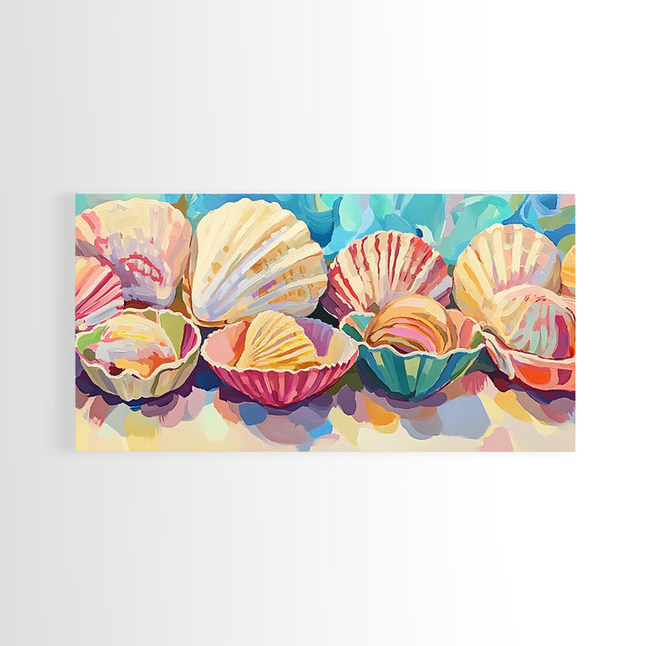 Colorful Scallop Shell Trio Still Life Wall Art, Coastal Bathroom Decor, Seashell Canvas Print, Beach House Gallery Art Print
