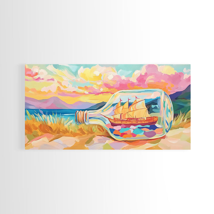 Ship In A Bottle Sunset Seascape Canvas Print, Coastal Wall Art, Nautical Beach House Decor, Whimsical Ocean Landscape Art
