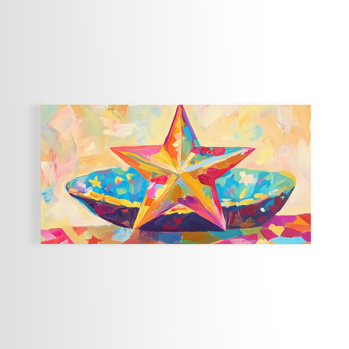 Painted Starfish And Bright Seashell Still Life Wall Art, Coastal Canvas Print, Beach House Decor, Colorful Nautical Art Gift