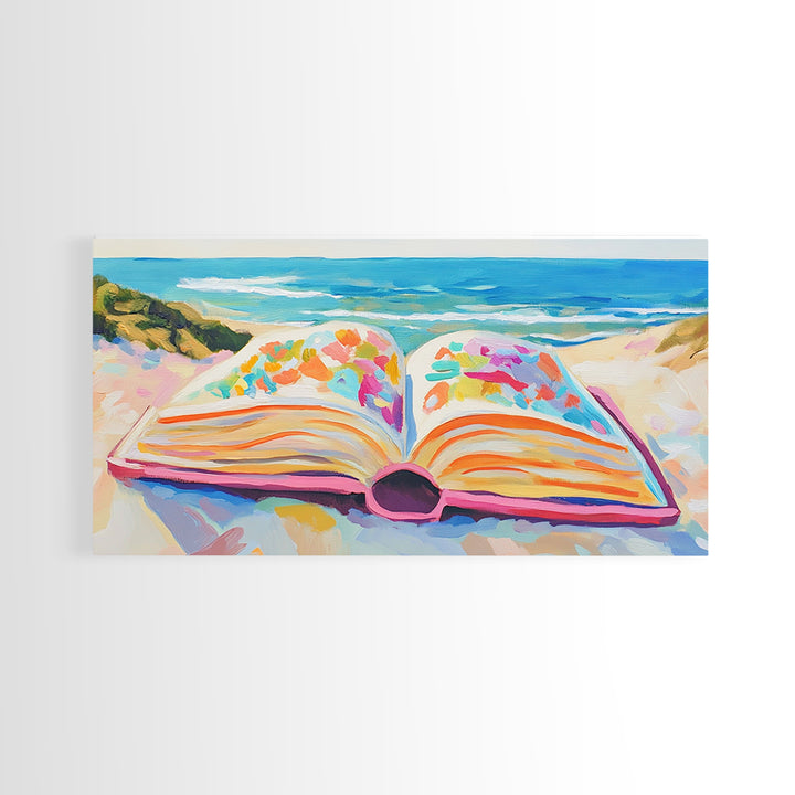Open Book On Sunny Beach Canvas Print, Coastal Wall Art, Beach House Decor, Ocean Landscape Art, Gift For Book Lover, Living Room Decor