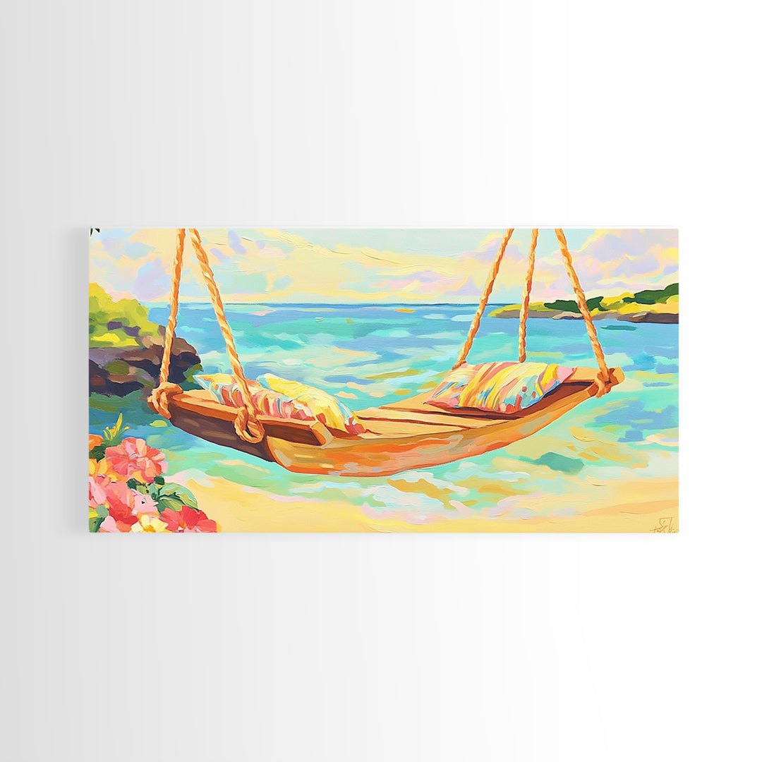 Tropical Beach Hammock Over Turquoise Water Canvas Print, Coastal Wall Art, Beach House Decor, Summer Living Room Decor Gift