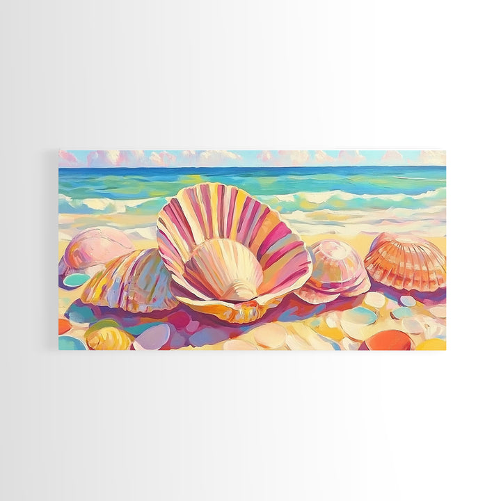 Pink Seashells On Sandy Beach Canvas Print, Coastal Wall Art, Beach House Decor, Ocean Wall Decor, Summer Gift For Her, Bathroom Decor