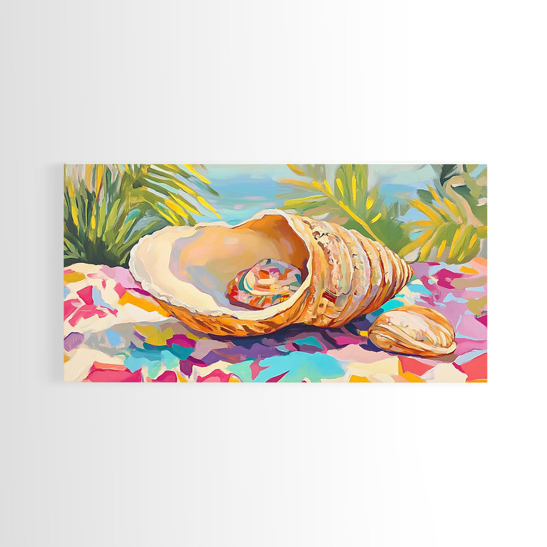 Colorful Seashell On Tropical Table Wall Art, Coastal Beach House Decor, Ocean Shell Canvas Print, Summer Nautical Gift Idea