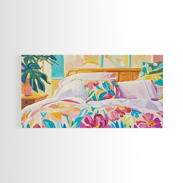 Bright Floral Bedding In Sunlit Bedroom Wall Art, Cozy Master Bedroom Decor, Tropical Canvas Print, Above Bed Gift For Her