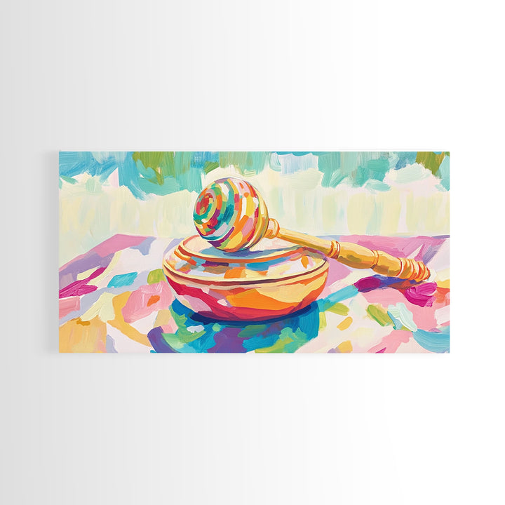Rainbow Maraca On Painted Bowl Canvas Print, Colorful Music Room Wall Art, Whimsical Nursery Decor And Playroom Art Gift