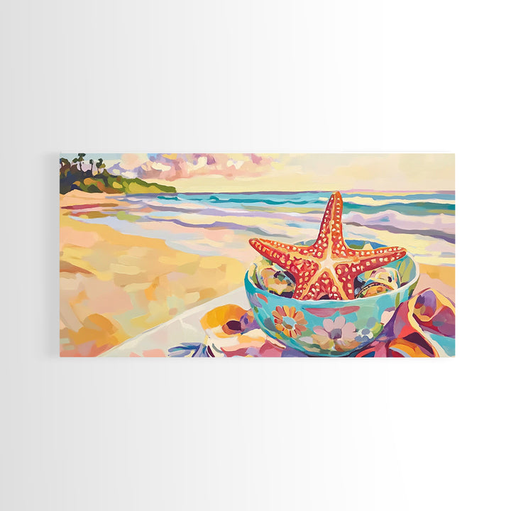 Red Starfish In Floral Bowl Beach Wall Art, Coastal Canvas Print, Ocean Decor, Beach House Gift For Her, Summer Seascape