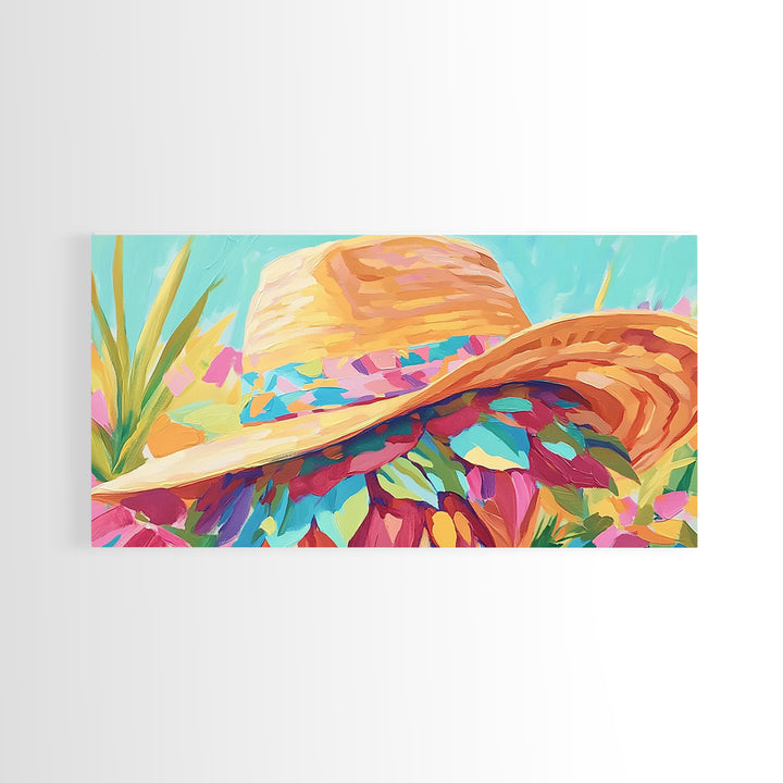 Sunlit Straw Hat With Floral Scarf Canvas Print, Coastal Cowgirl Wall Art, Summer Fashion Decor, Boho Home Decor, Gift For Her