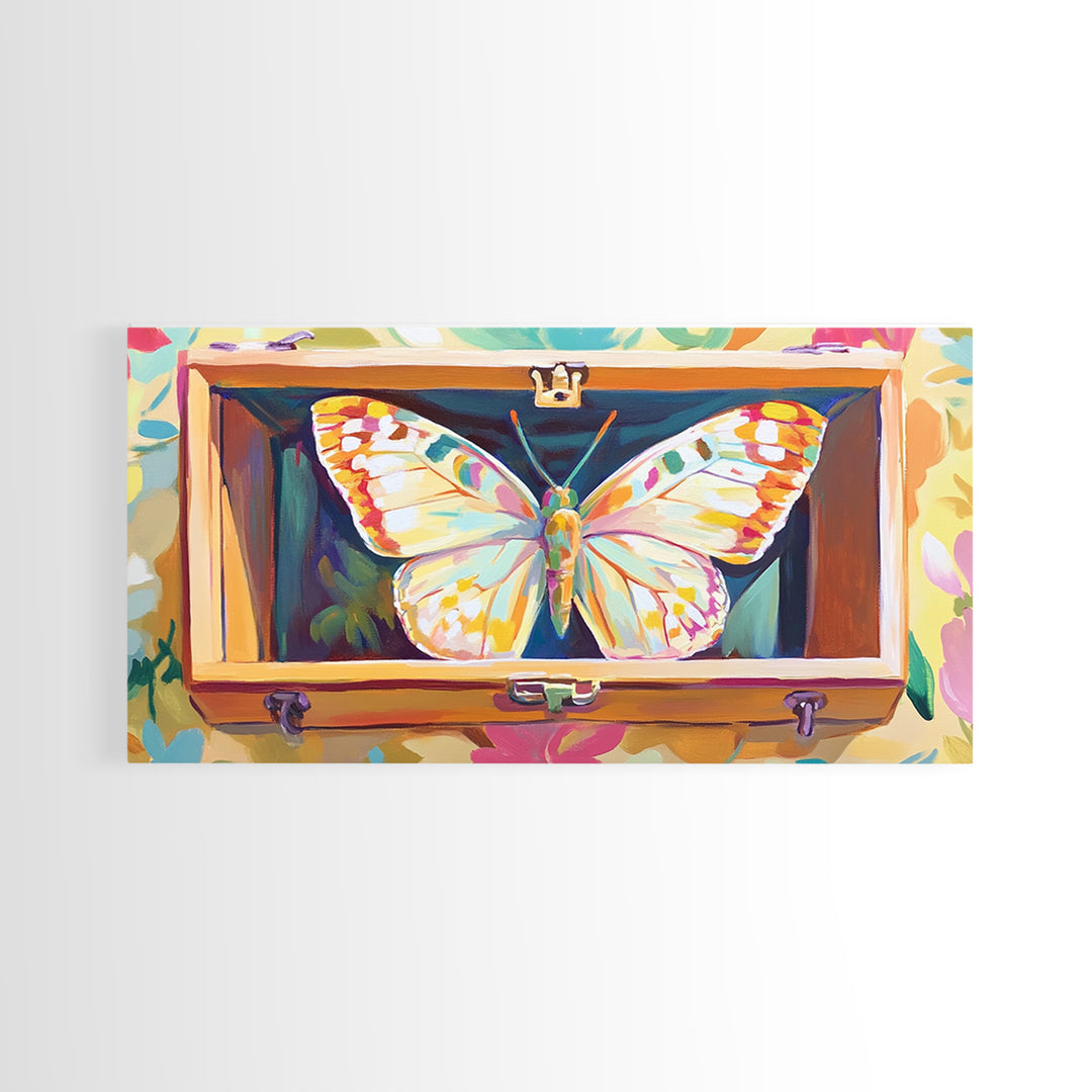 White Butterfly In Wooden Case Framed Canvas Print, Whimsical Animal Wall Art, Nature Inspired Art, Colorful Home Decor Gift