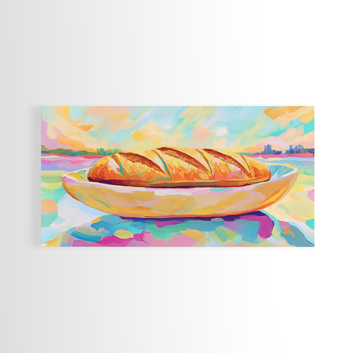 Golden Croissant On Coastal Plate Canvas Print, French Bakery Kitchen Wall Art, Beach House Decor, Cafe Poster, Food Lover Gift