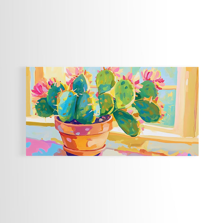 Blooming Prickly Pear Cactus Framed Canvas Print, Colorful Botanical Wall Art, Sunny Window Plant Lover Gift, Boho Home Decor