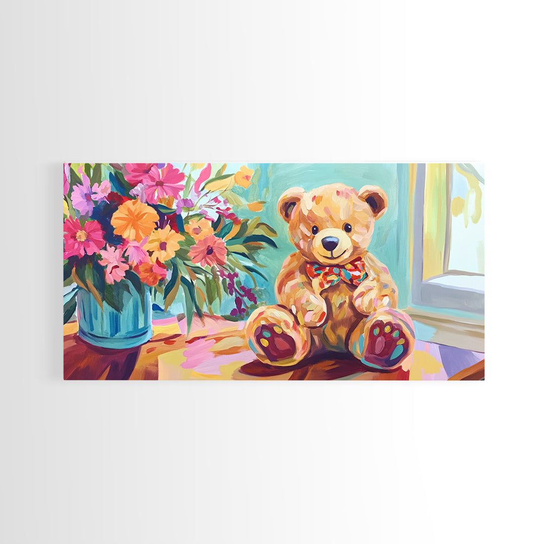 Sweet Teddy Bear With Flower Bouquet Wall Art, Colorful Nursery Decor, Kids Room Art Print, Baby Shower Housewarming Gift