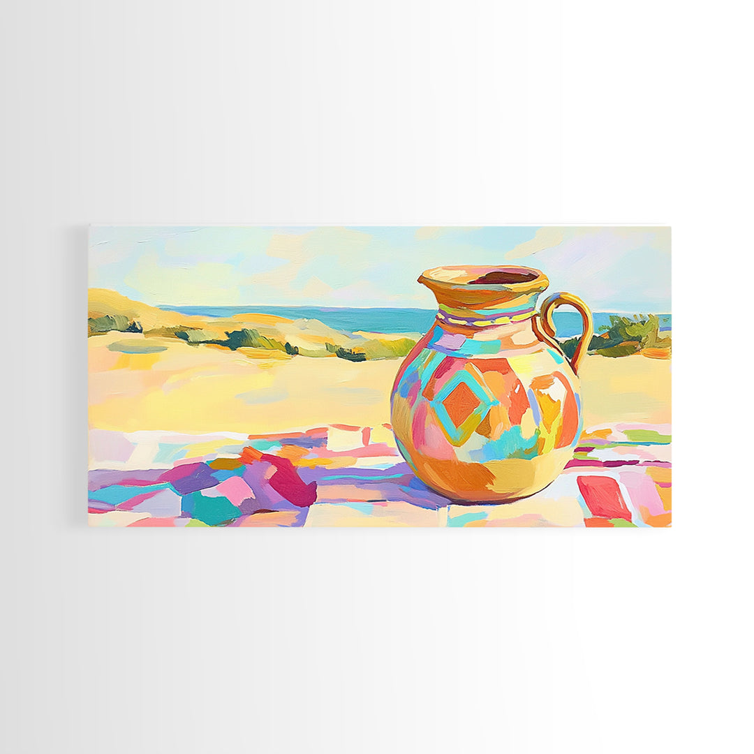 Colorful Ceramic Pitcher By Sunny Coast Framed Canvas Print, Coastal Wall Art, Mediterranean Kitchen Decor, Beach House Gift