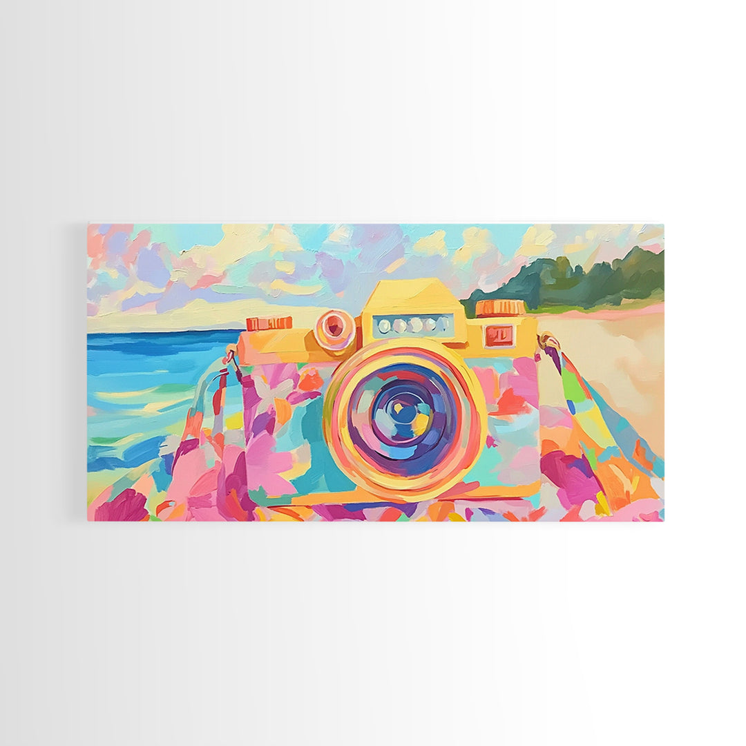Retro Floral Camera On Sunny Beach Towel Canvas Print, Coastal Wall Art, Photography Decor, Dopamine Decor, Gift For Her