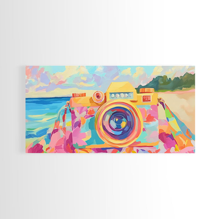 Retro Floral Camera On Sunny Beach Towel Canvas Print, Coastal Wall Art, Photography Decor, Dopamine Decor, Gift For Her