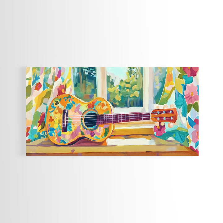 Painted Ukulele By Sunny Window Framed Canvas Print, Music Room Decor, Tropical Wall Art, Boho Home Decor, Gift For Music Lover