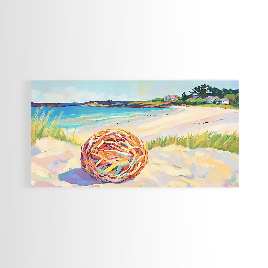 Woven Beach Ball On Sandy Shore Wall Art, Coastal Seascape Canvas, Beach House Decor, Summer Ocean Landscape Print Gift For Her