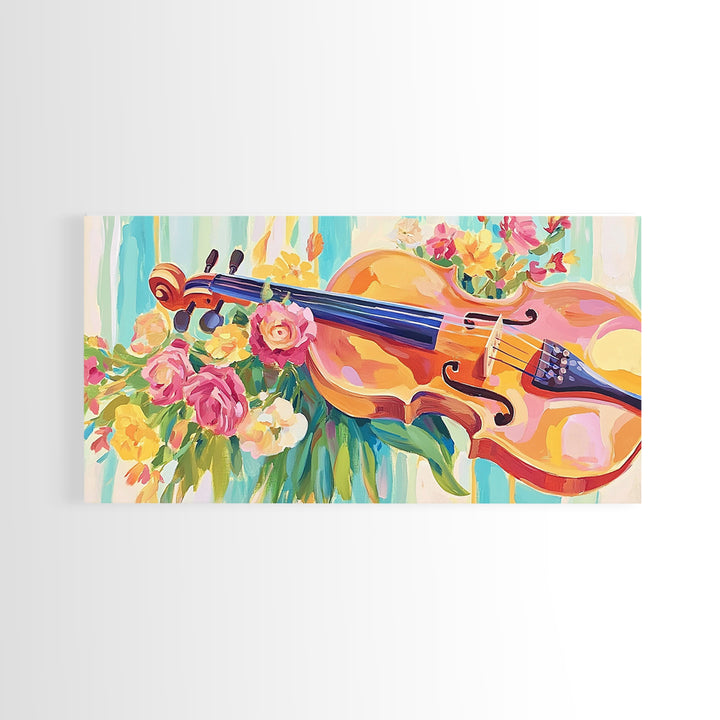 Romantic Violin With Garden Flowers Framed Canvas Print, Music Room Decor, Floral Wall Art, Gift For Music Lover, Elegant Fine Art Print